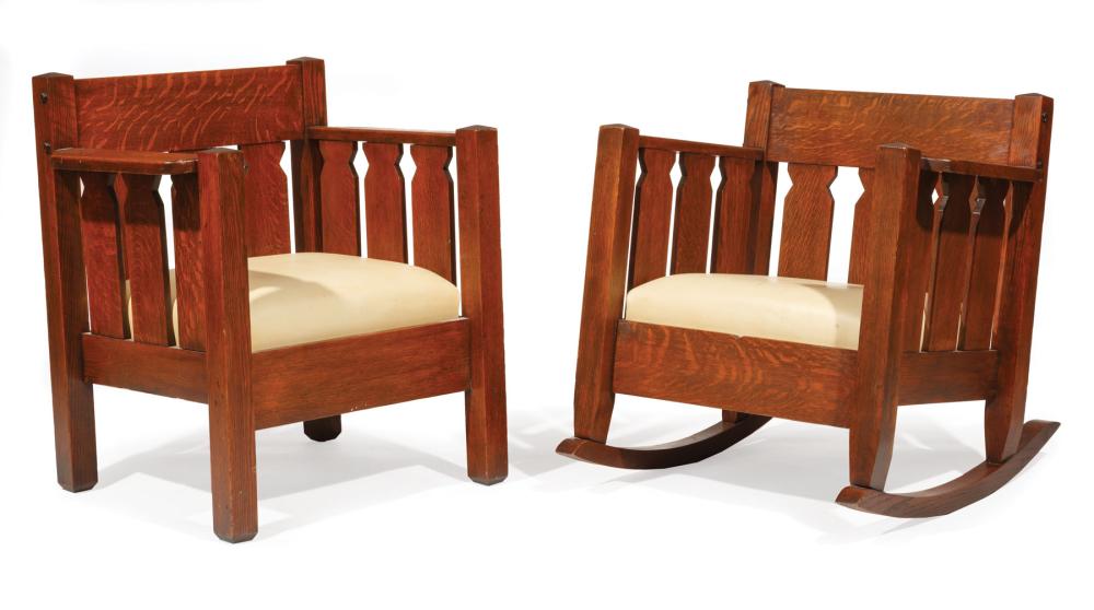 TWO CRAFTSMAN OAK ARMCHAIRSTwo