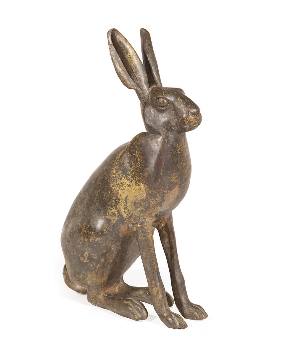 PATINATED BRONZE OF A SEATED RABBITPatinated