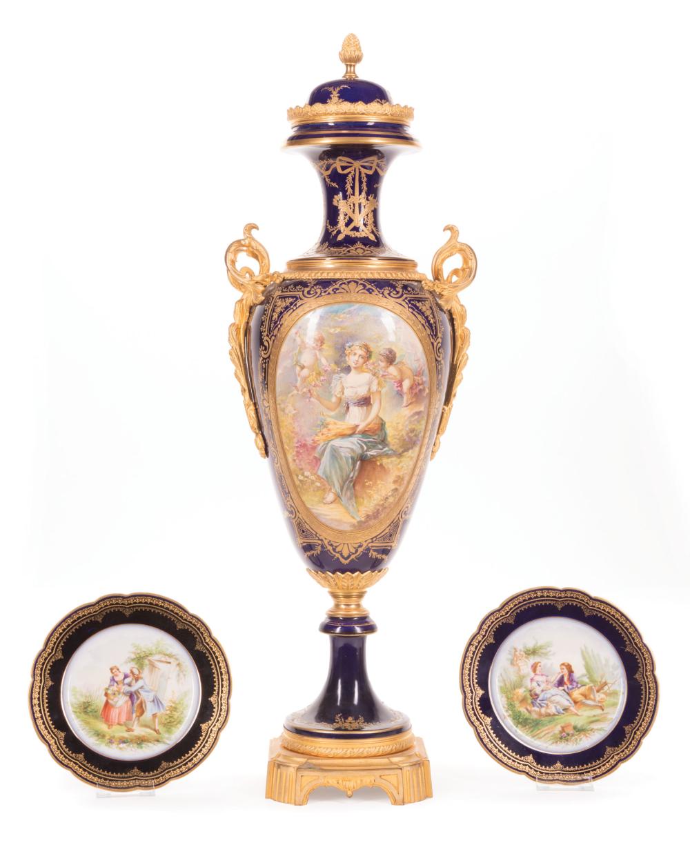 PORCELAIN CABINET PLATES & URNTwo Sevres-Style