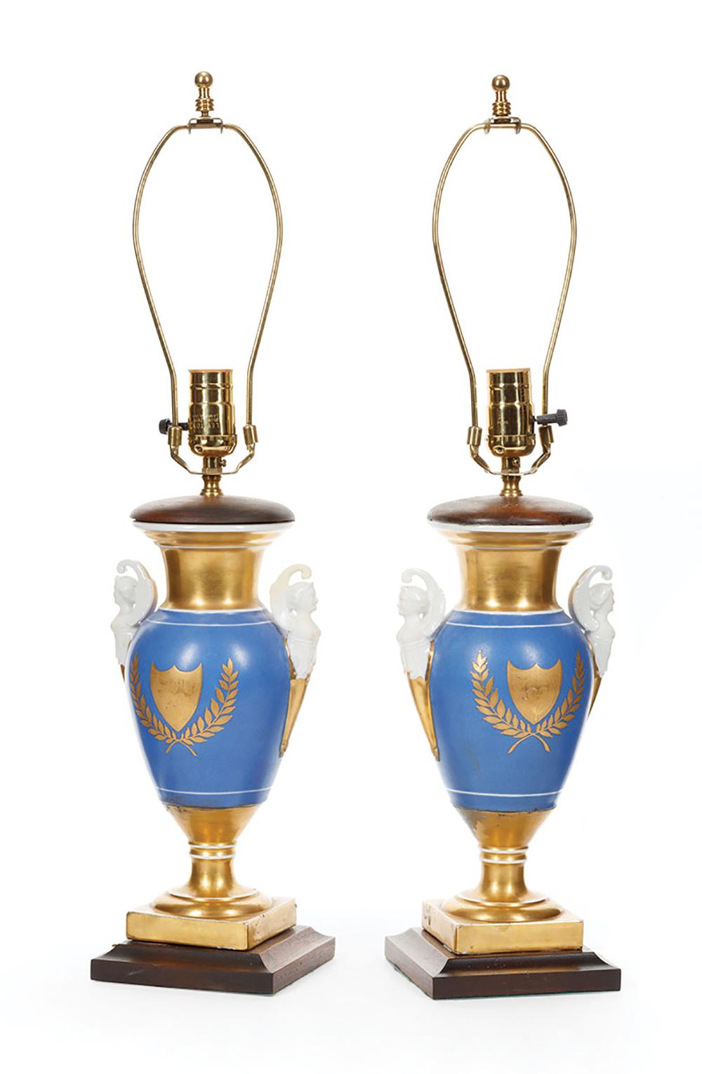 PARIS GILT AND CELESTE PORCELAIN VASESPair