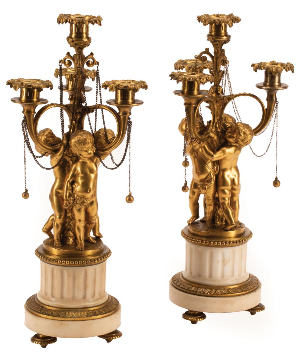 FRENCH BRONZE AND MARBLE CANDELABRAPair