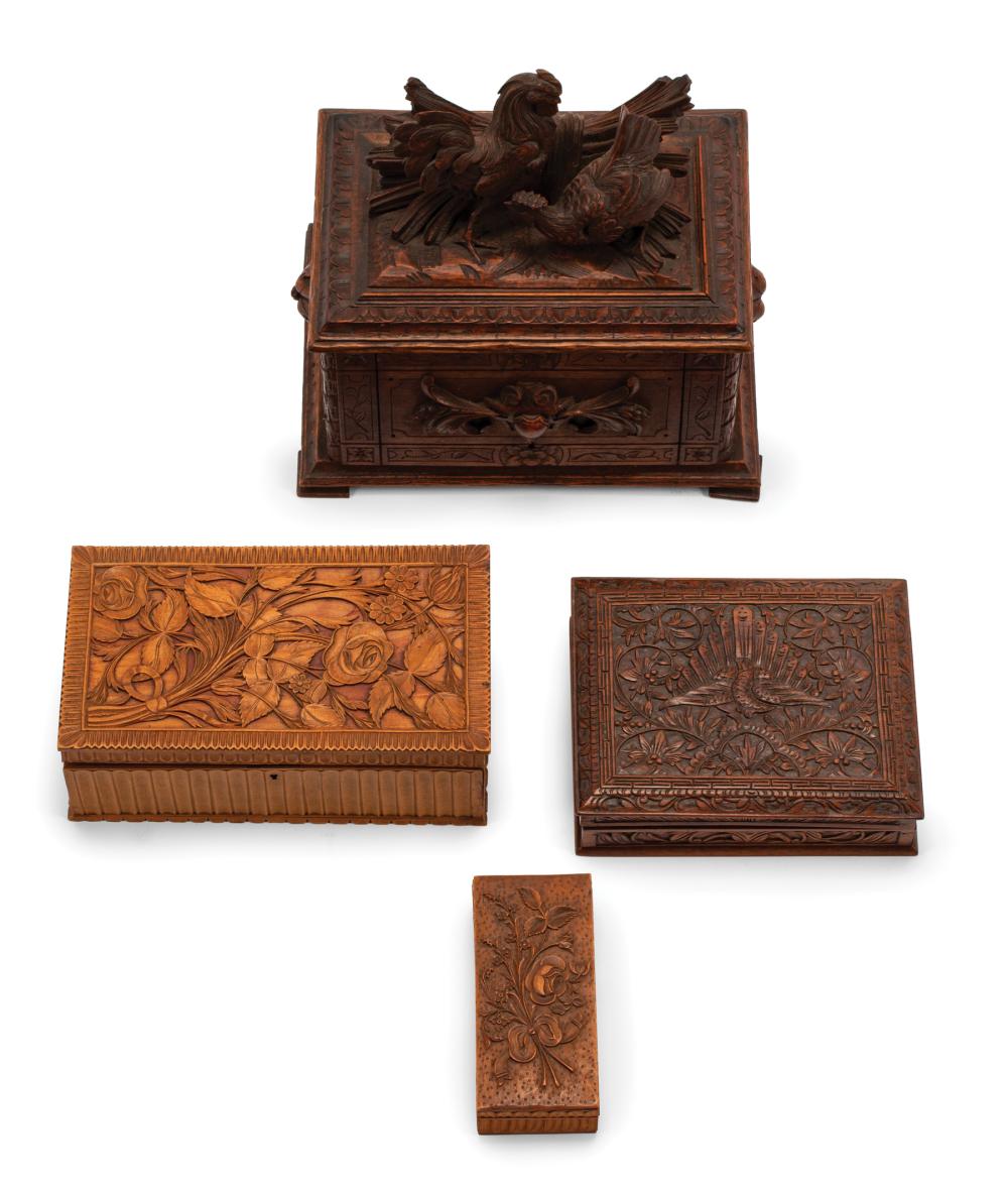 FOUR CONTINENTAL CARVED WOOD BOXESFour