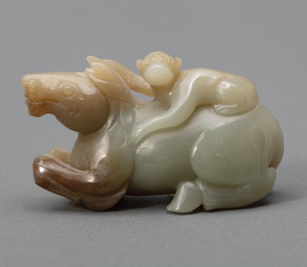 CHINESE CELADON JADE MONKEY AND