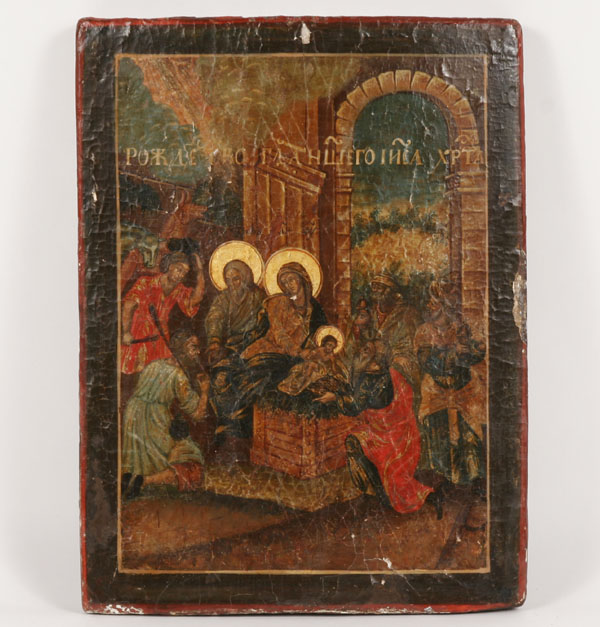 Russian icon of the Nativity with attendant