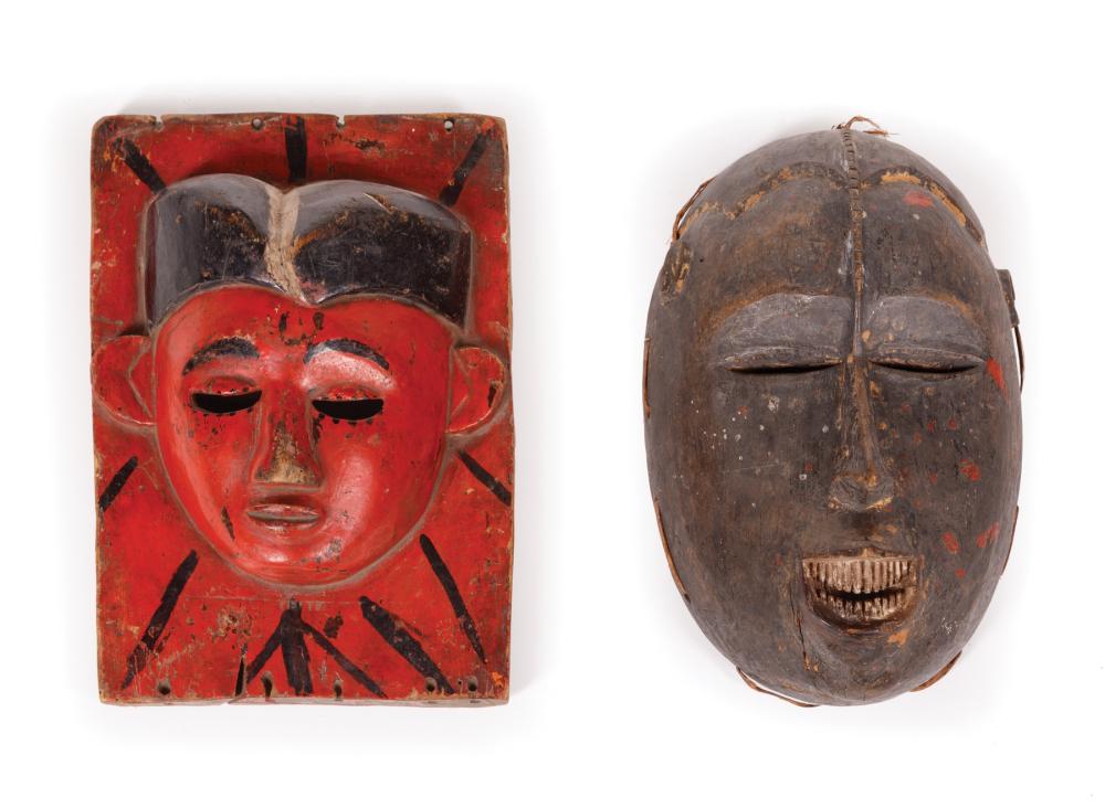 TWO AFRICAN CARVED AND PAINTED