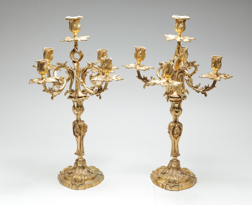 PAIR OF FRENCH GILT BRASS CANDELABRA.