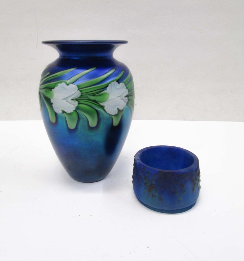 TWO ARTICLES OF BLUE ART GLASS: