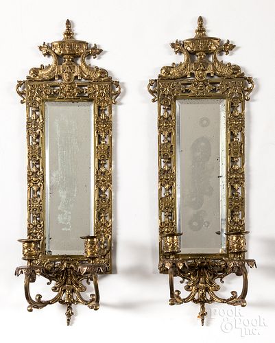 PAIR OF BRASS MIRRORED SCONCES,