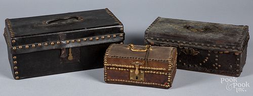 THREE LEATHER COVERED BOXES, 19TH