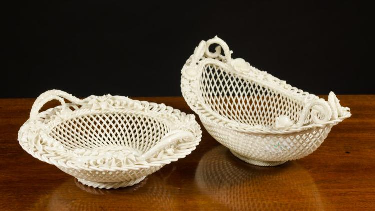 TWO BELLEEK PARIAN PORCELAIN THREE-STRAND