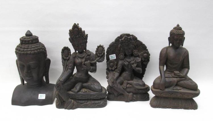 FOUR CARVED WOOD FIGURAL SCULPTURES,