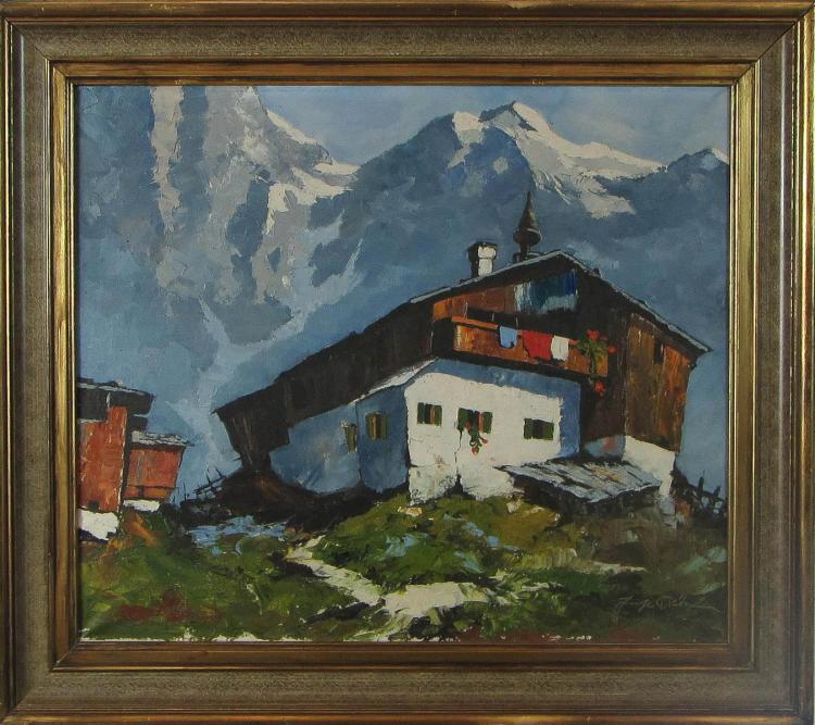 CABIN IN THE ALPS OIL ON CANVAS  3172c5