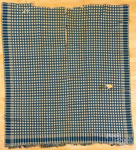 BLUE AND WHITE OVERSHOT COVERLET  3173b1