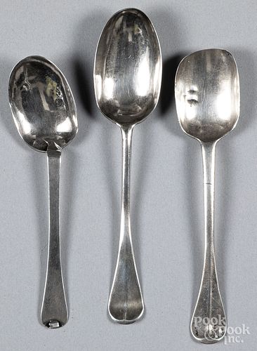 THREE SILVER SPOONS, 18TH C., ETC.Three