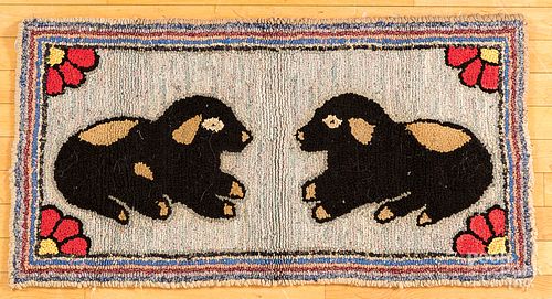 HOOKED RUG WITH TWO DOGS, EARLY