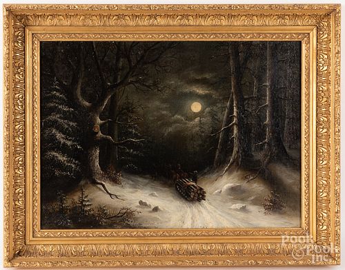 OIL ON CANVAS MOONLIT SNOW SCENE,