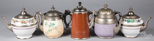 FIVE GRANITEWARE TEA AND COFFEE