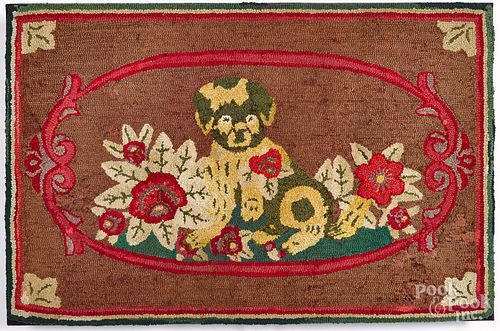 DOG AND FLORAL HOOKED RUG, EARLY