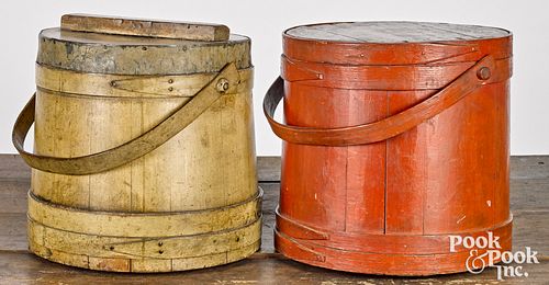 TWO LARGE PAINTED PINE FIRKINS,