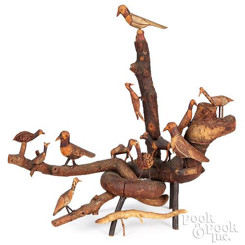 FOLK ART CARVED ROOT BIRD TREE,