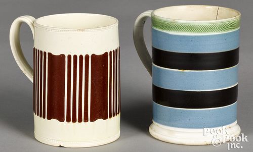 TWO MOCHA MUGS, WITH VERTICAL BROWN