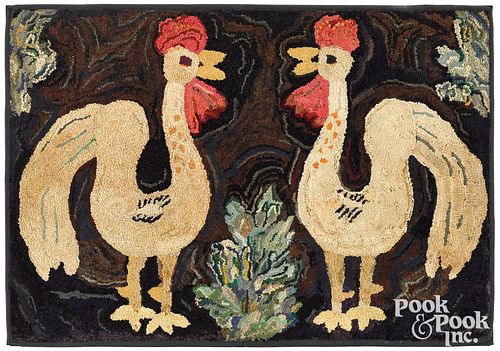 AMERICAN HOOKED RUG OF TWO ROOSTERSAmerican 31779b