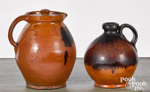 REDWARE JUG AND LIDDED PITCHER,