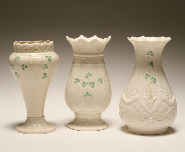 Three Belleek Irish porcelain vases