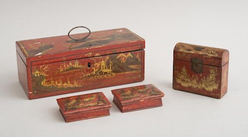 FOUR FRENCH RED JAPANNED WOOD BOXESComprising 317a99