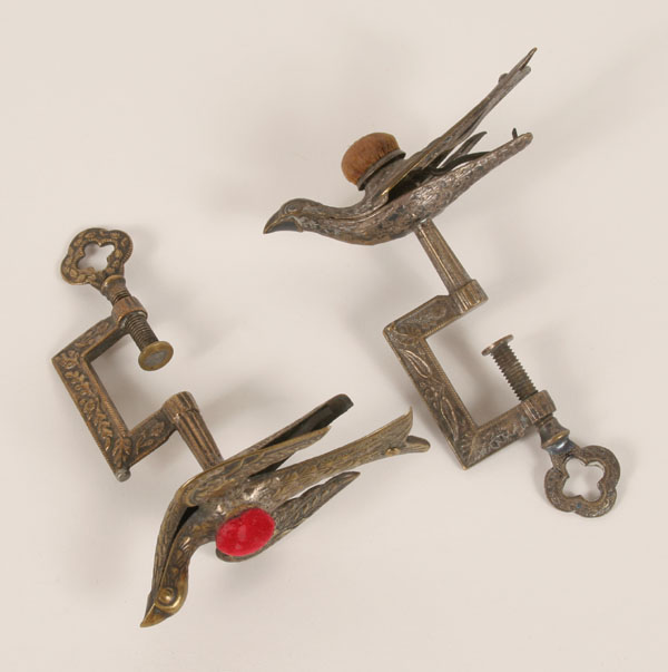 Two Victorian brass sewing birds