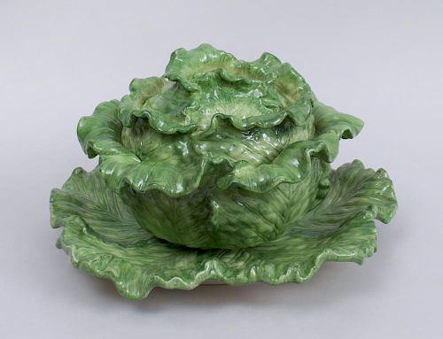 GLAZED POTTERY CABBAGE LEAF TUREEN  317b19