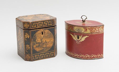 GEORGE III PENWORK TEA CADDY AND