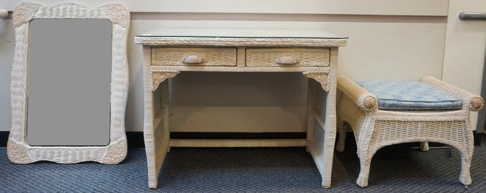 WHITE WICKER VANITY, BENCH AND