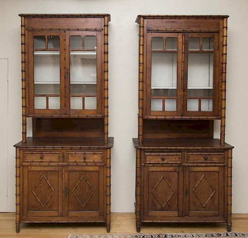 PAIR OF PINE FAUX BAMBOO CABINETSThe