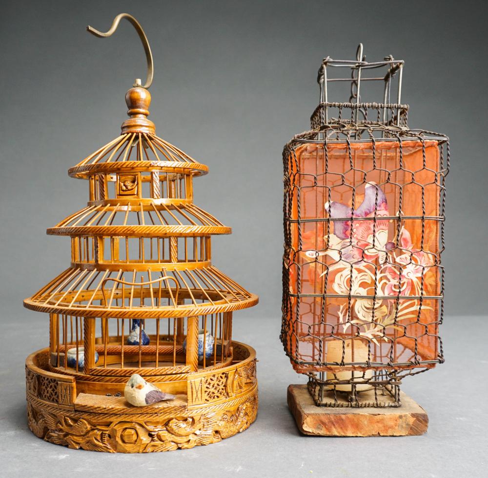 CHINESE CARVED WOOD BIRD CAGE AND