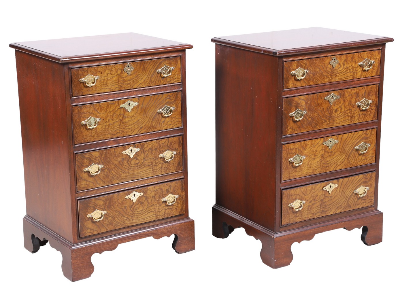 Pair Walnut nightstands, burl walnut