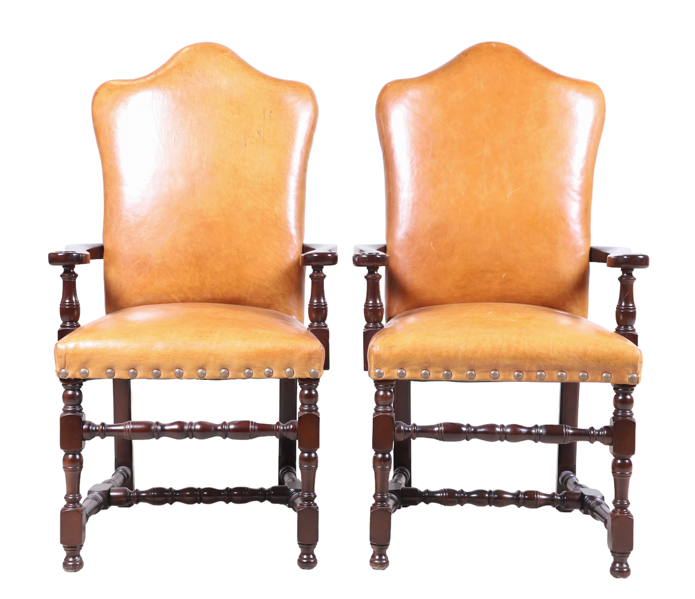 Pair Jacobean style leather open