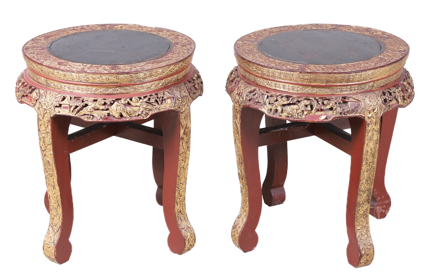 Pair Chinese paint decorated carved