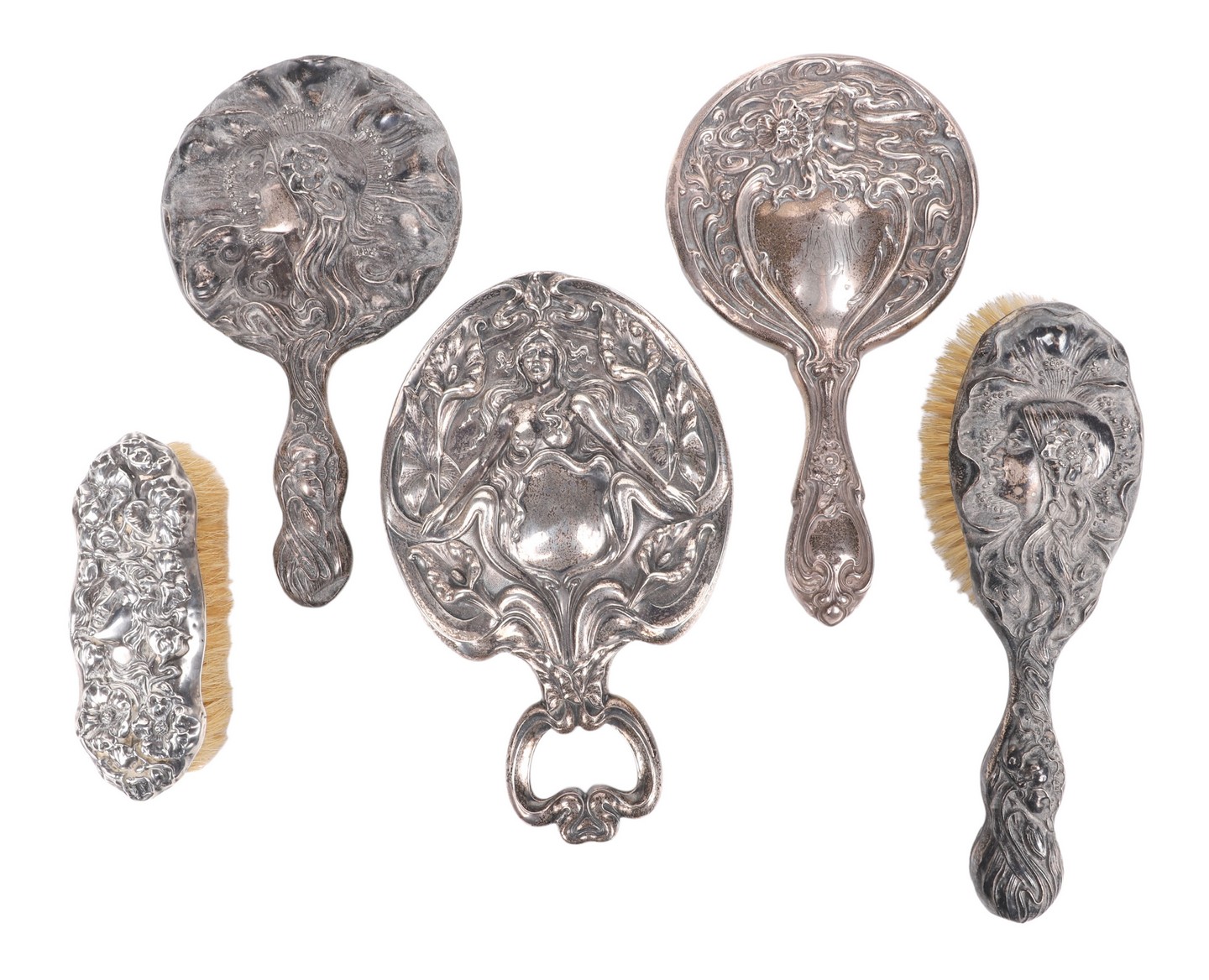 (5) Sterling repousse dresser items