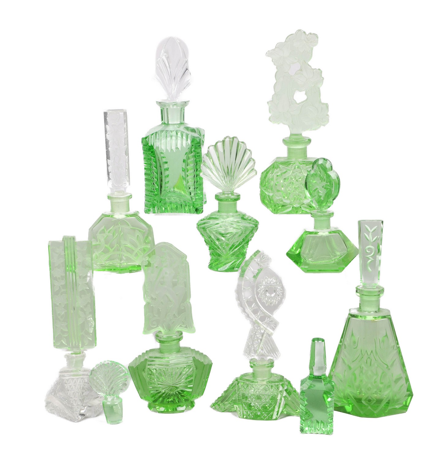 (9) Green crystal scent bottles, in