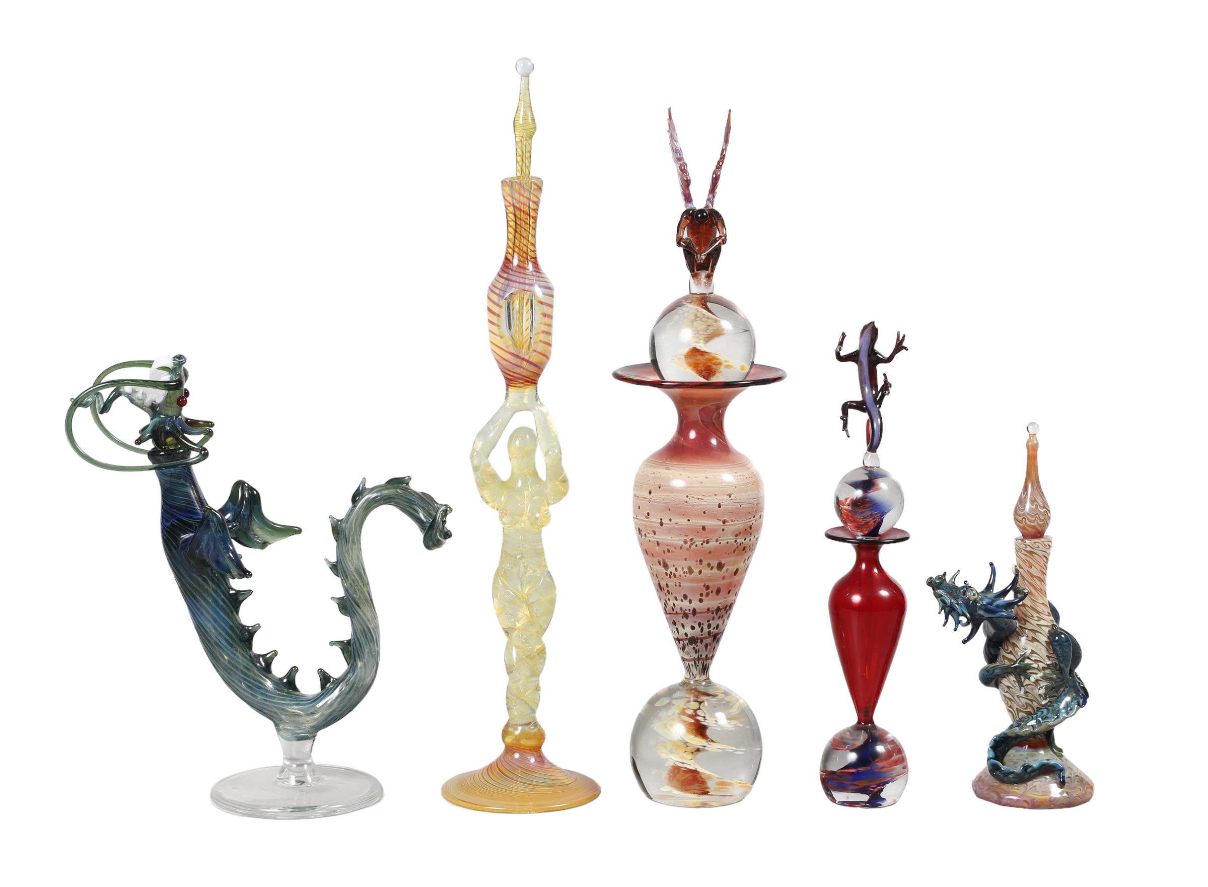 (5) Blown art glass scent bottles