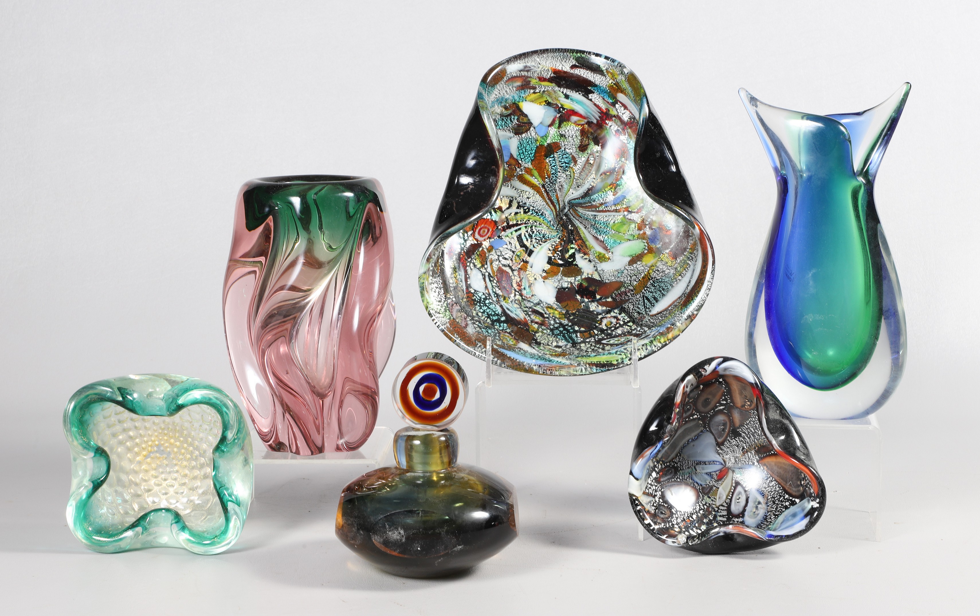 (6) Art glass vases, dishes, scent bottle