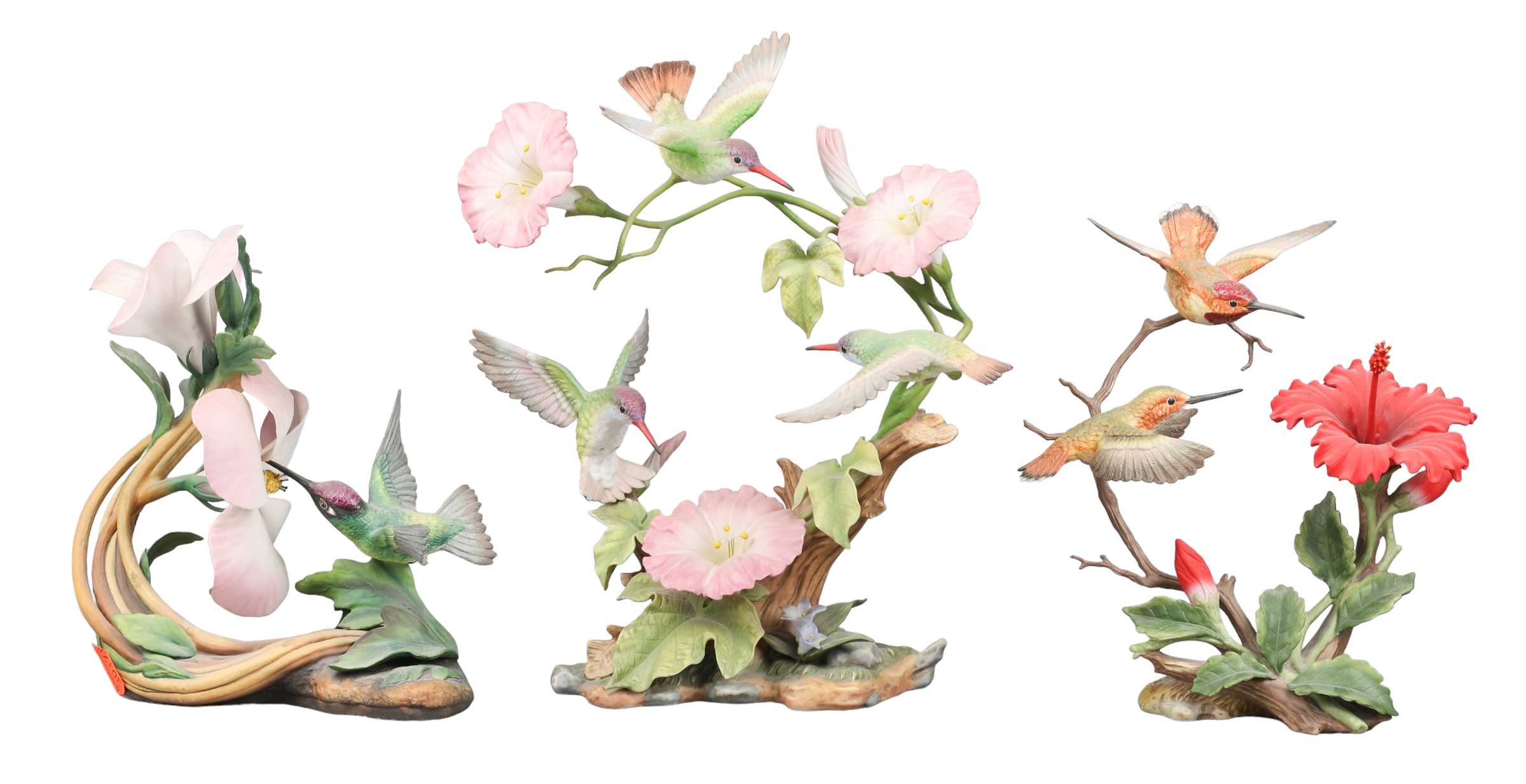 (3) Porcelain hummingbird figurines,