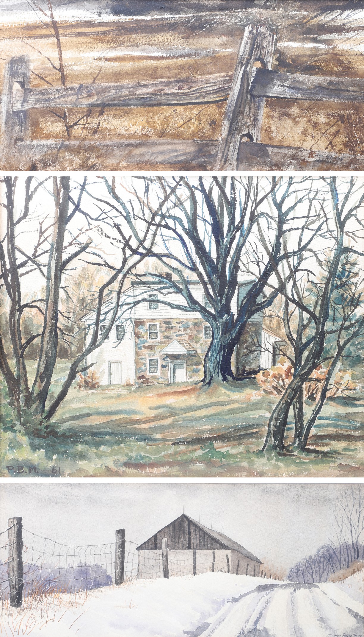 3 Rural Landscape Watercolors Snowy 317f14