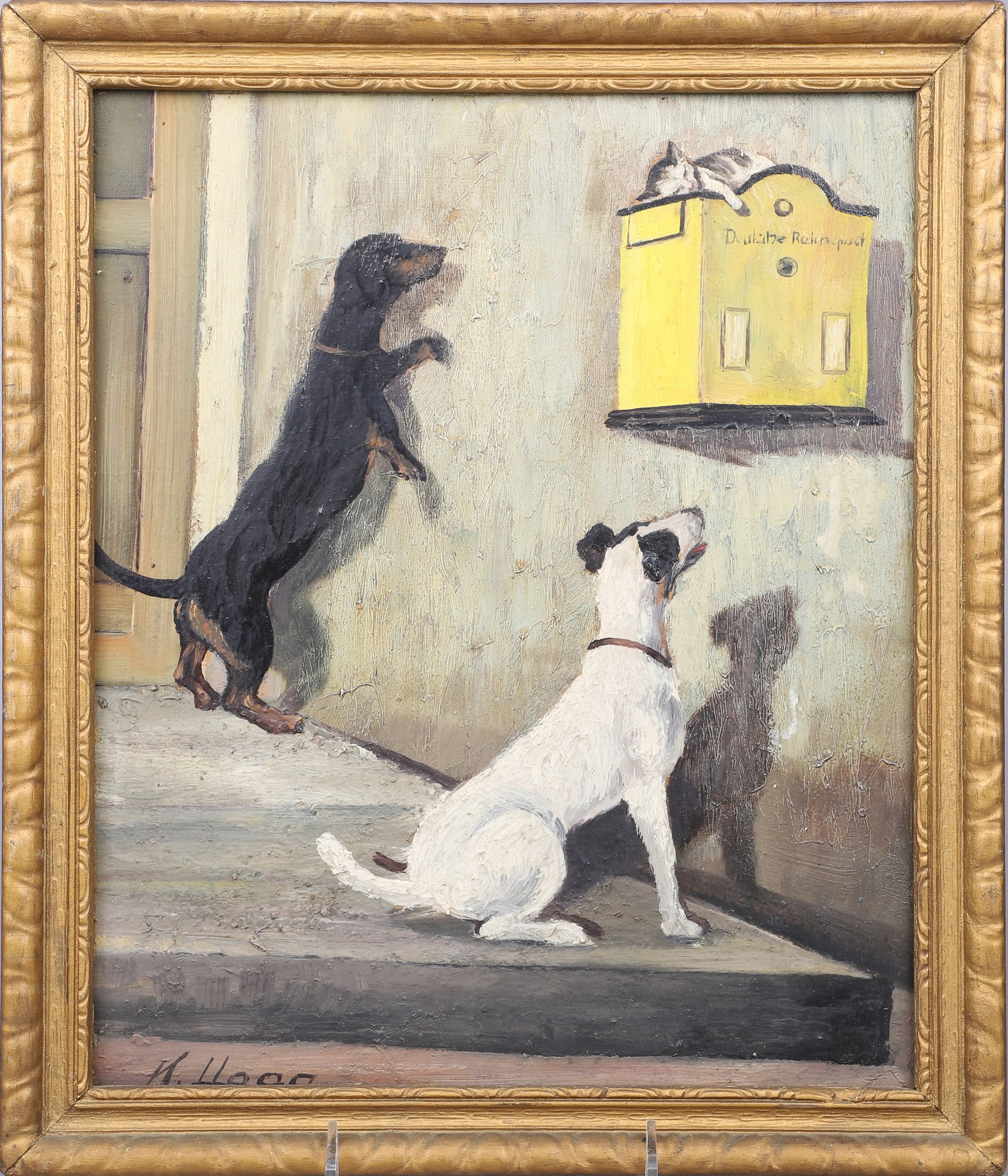 Painting of 2 Dogs, oil on board, signed