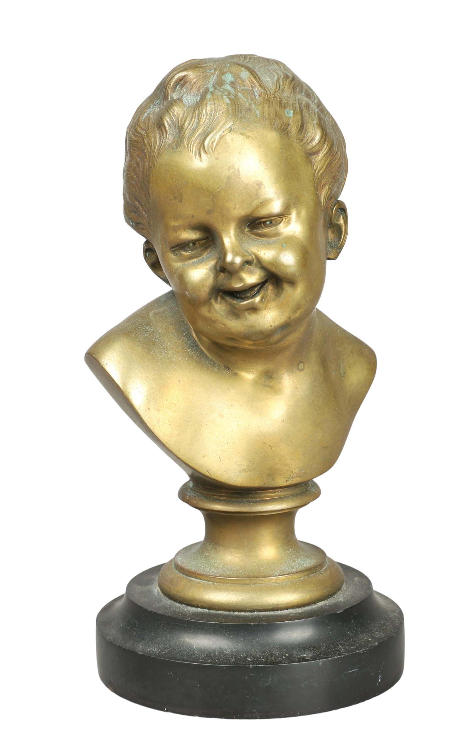 Bronze bust of a baby boy, laughing,