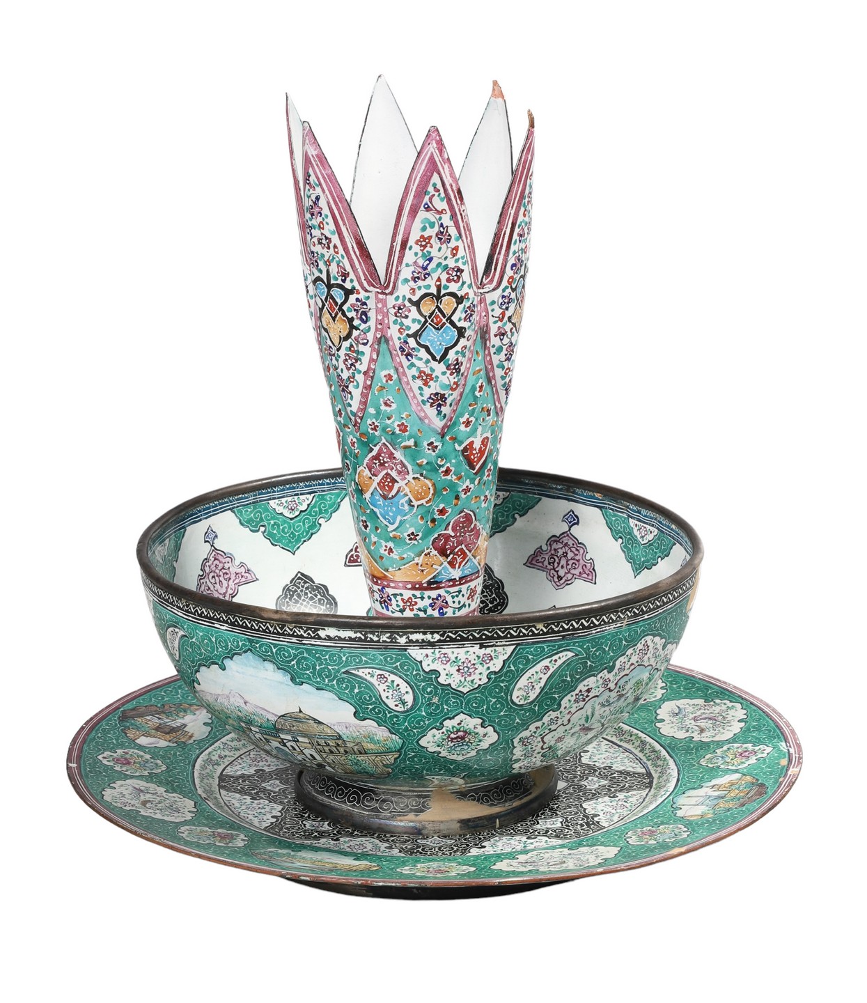 Persian enamel dish, bowl and vase
