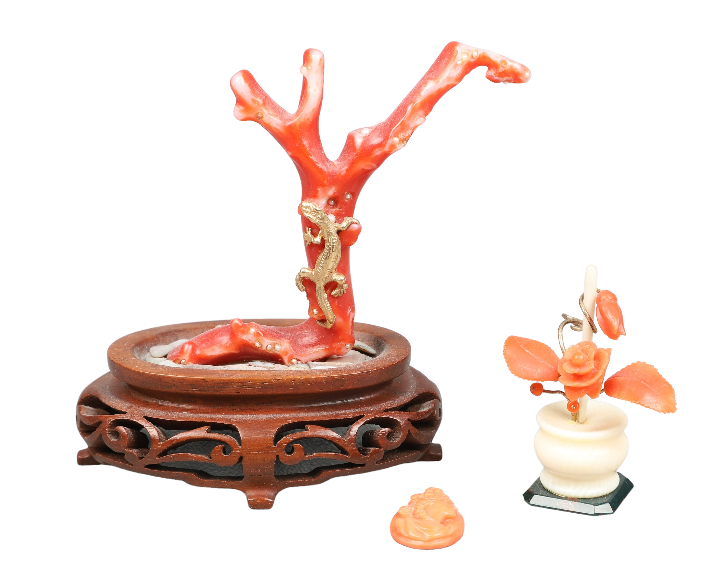 (3) Coral miniatures, c/o tree