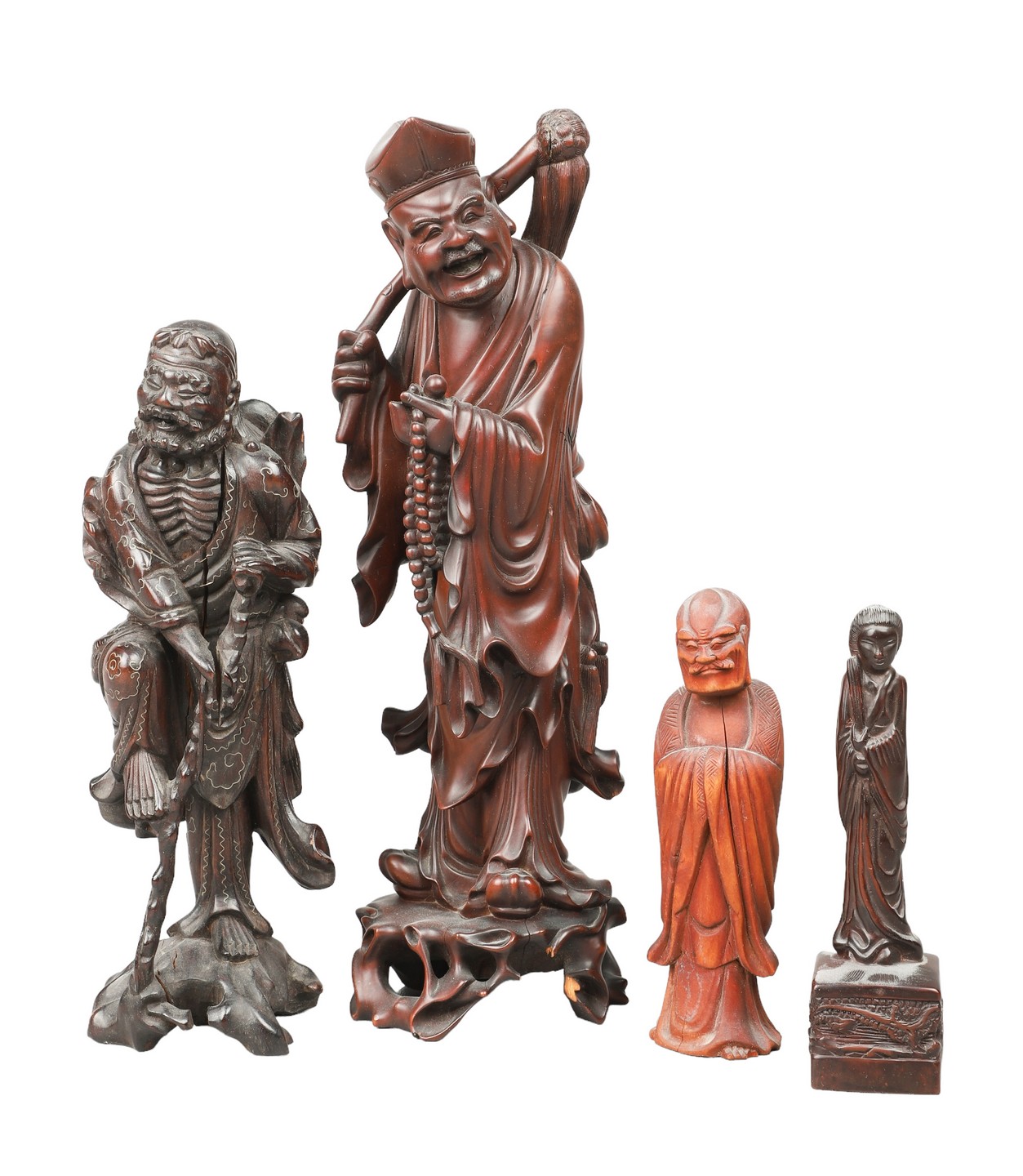 (4) Chinese carved wood figurines,