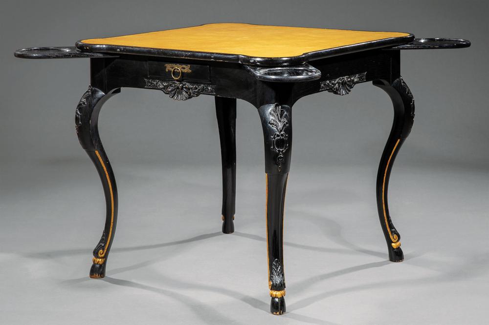 BLACK LACQUER AND GILT GAMES TABLE,